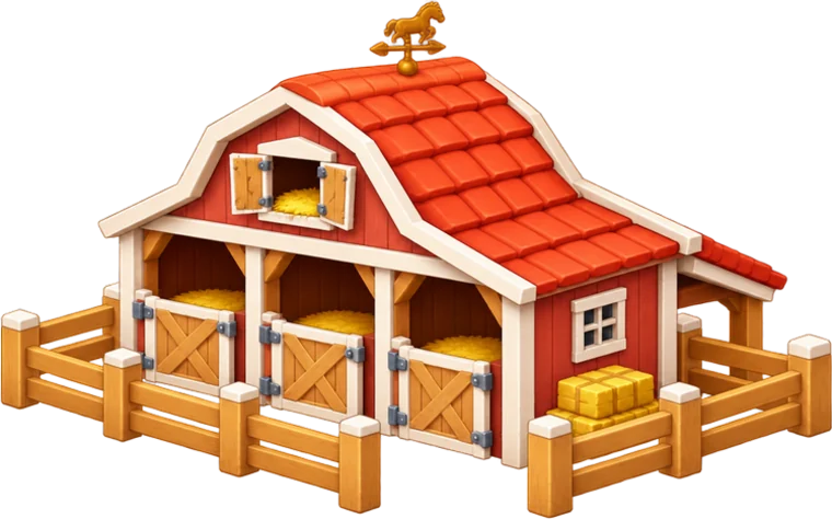 A red show barn with a golden horse weathervane